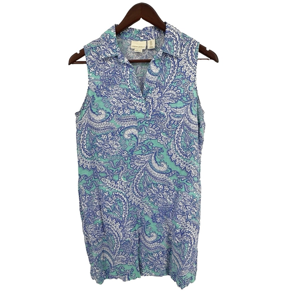 Cynthia Rowley V-Neck 100% Linen Shift Size 8 Aqua Paisley Knee Length Dress